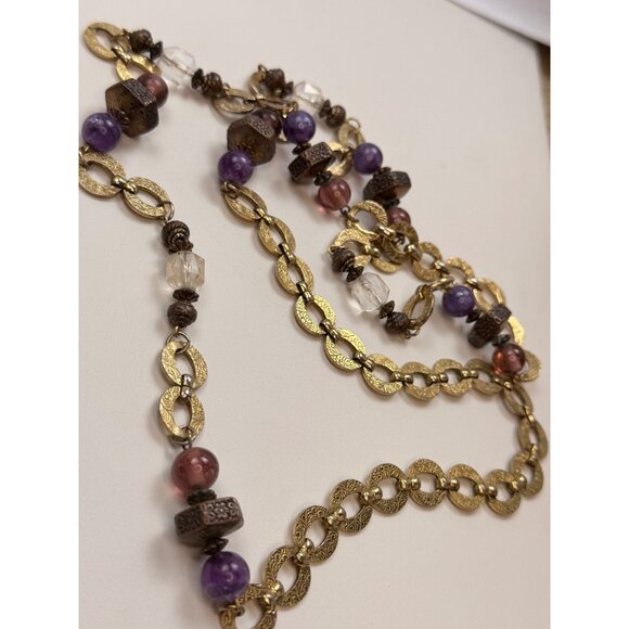 Vintage-Inspired Long Gold Chain Necklace With Purple & Burgundy Beads Textured - Picture 8 of 8